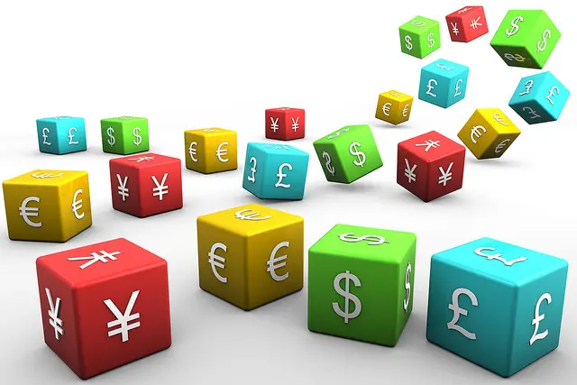 Currency Dice representing, yen, euro, dollar, and pound sterling from china, england, usa, and europe on white background